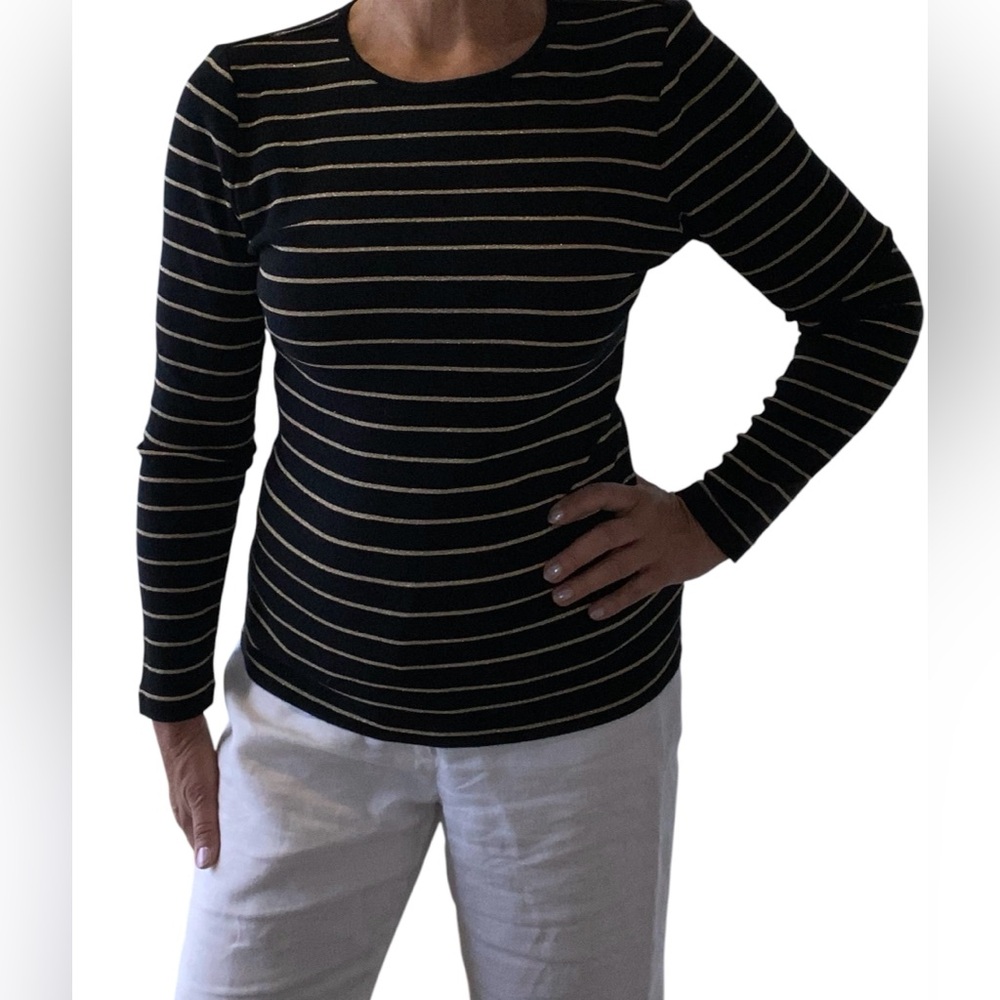 Classic Lauren Ralph Lauren Black & Gold Striped Women's Top 90% cotton